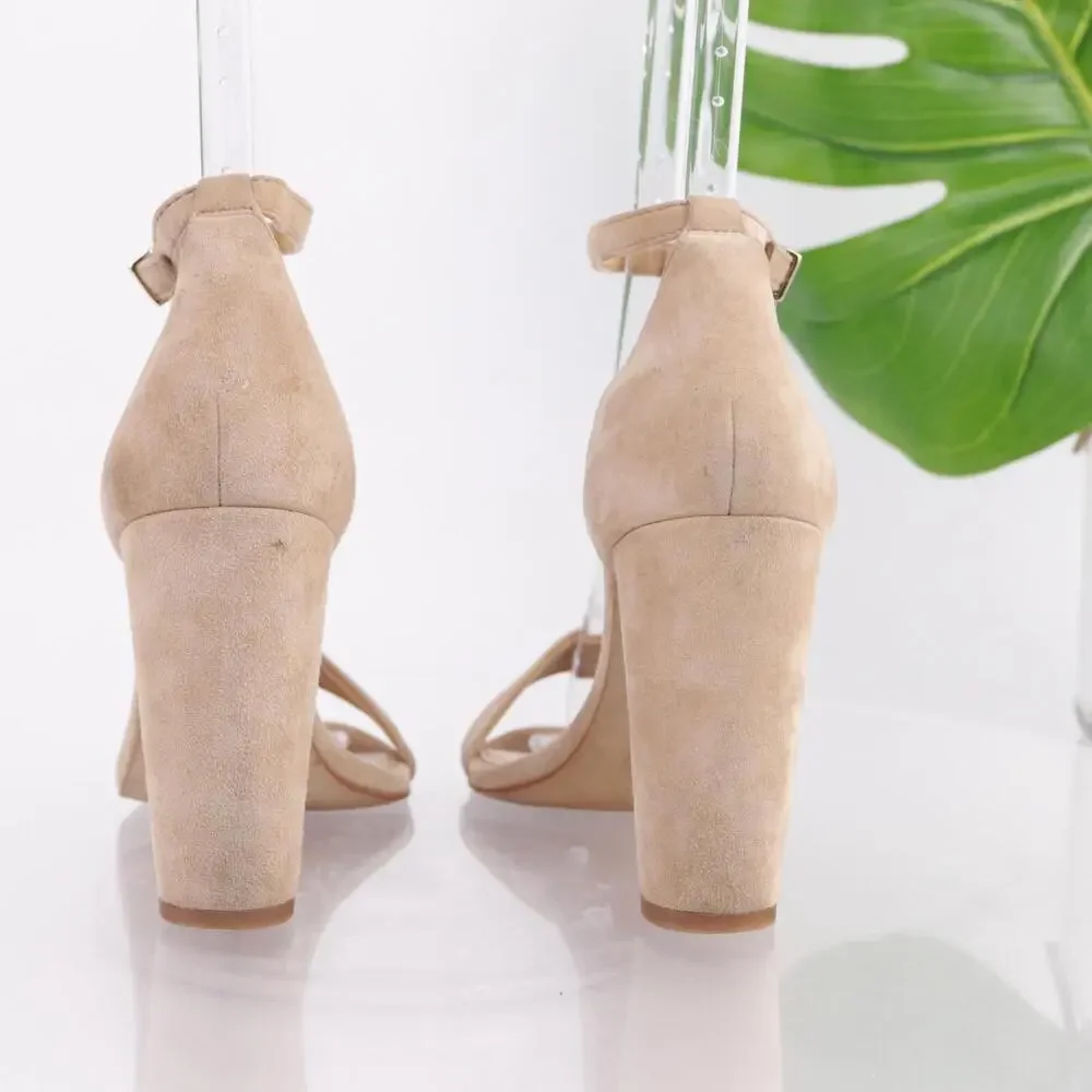 J Crew Womens Sandals Size 7 Nude Tan Suede Block Heel Ankle Strap Dress Shoes